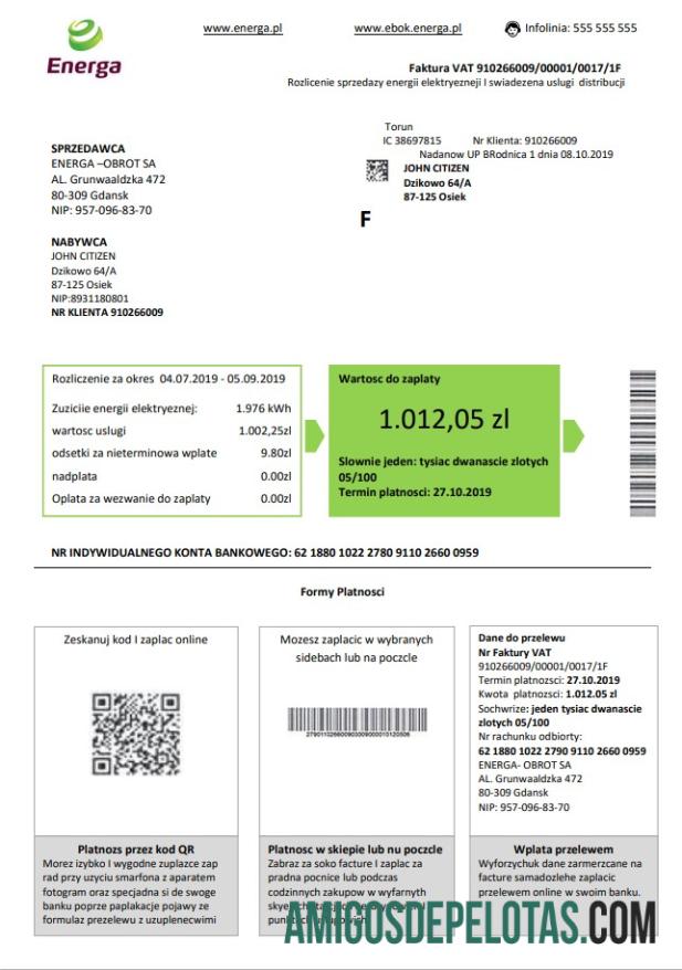 Em branco modelo de conta de serviços públicos Energa da Polônia em formato Word e PDF